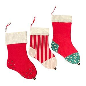 Set Of 3 Vintage Handmade Christmas Stockings With Snowman & Floral Prints 16"